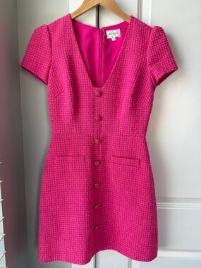 Milly Bright Pink Tweed Button-Front Mini Dress
